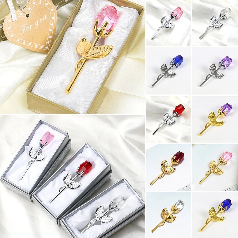 Valentines Day Gift Crystal Glass Rose Artificial Flower Silver Gold Rod Rose